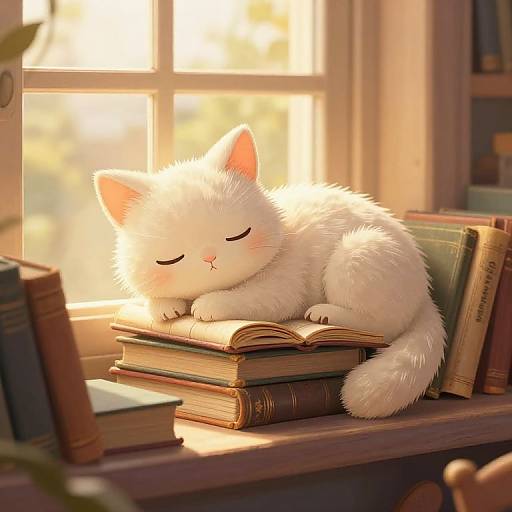 Digital illustration of a fluffy white cat with closed eyes sleeping on a stack of books, bathed in warm sunlight from a window.