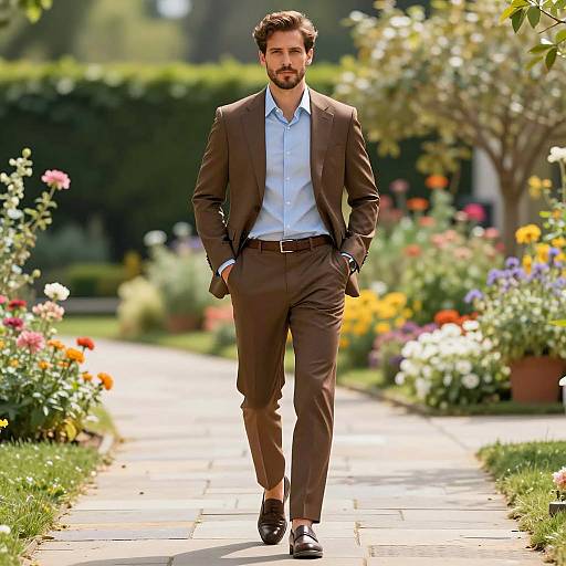 Handsome Man in Brown Suit Walking in Garden