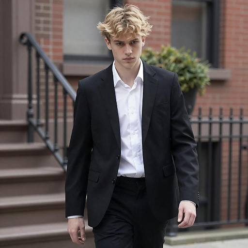Young man walking in black suit