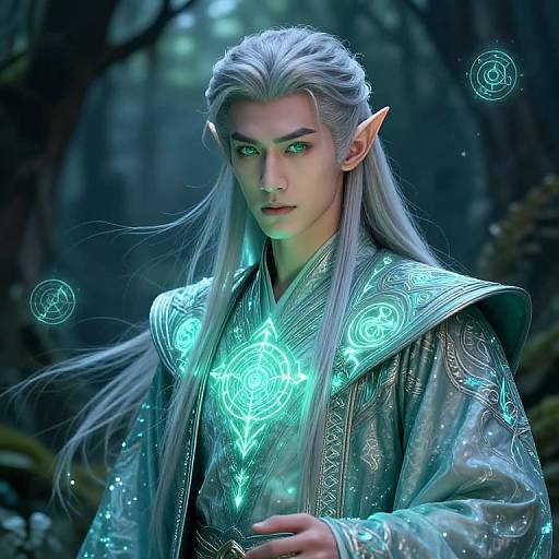 Digital art of a silver-haired, elf-like man with glowing blue runes on his robe, long pointed ears, and intense green eyes, standing in a