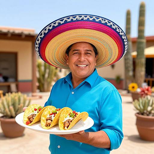 Smiling middle-aged man in blue shirt and large Mexican sombrero, holding plate of three beef tacos, outdoors with cacti and desert-style buildings