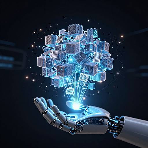 Photorealistic CGI of a robotic hand holding a glowing, floating, blue grid of interconnected 3D cubes in a starry black background.