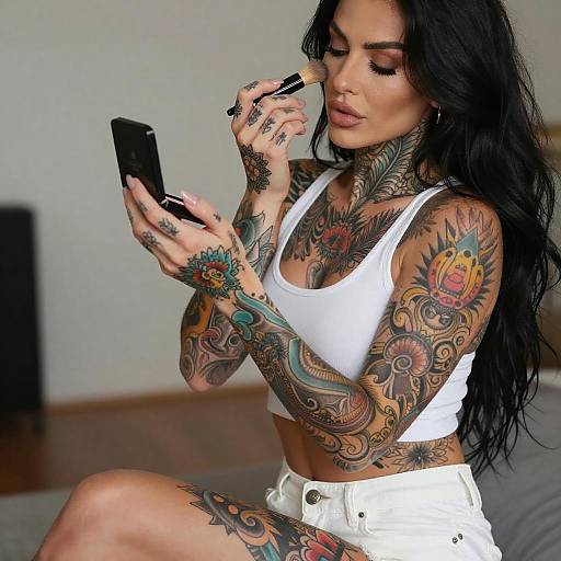 Tattooed Woman Applying Makeup