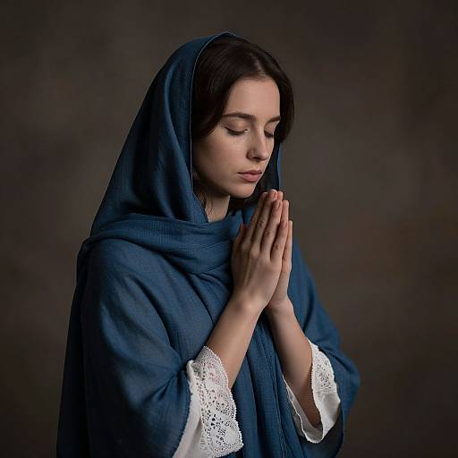Photograph of a fair-skinned woman with dark hair, praying with hands clasped, wearing a blue hooded robe with white lace trim, against