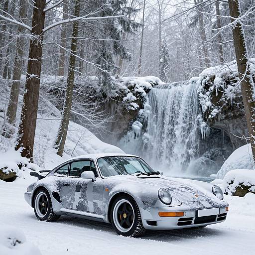 Photograph of a silver Porsche 911, partially covered in snow, parked in front of a cascading winter waterfall in a snowy forest.
