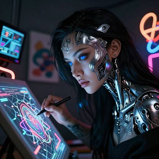 Cyberpunk digital artist with glowing blue eyes and metallic face armor, drawing neon-lit circuitry on a tablet in a neon-lit room.