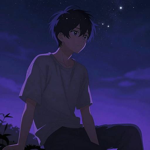 Anime-style digital drawing of a young boy with dark hair, wearing a loose shirt, sitting under a starry, twilight blue sky.