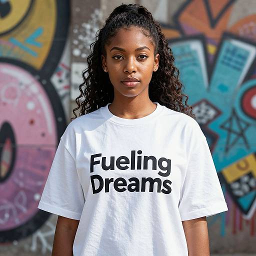 Photograph of a young Black woman with long curly hair, wearing a white T-shirt with 