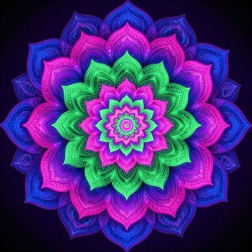 Neon-colored digital mandala with vibrant pink, green, and blue petals on a dark background, radiating intricate, glowing patterns.
