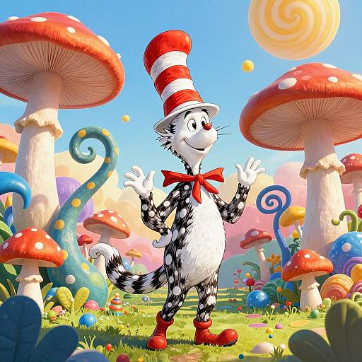 Digital illustration of a black-and-white cat with a red-and-white striped hat, red bowtie, and red shoes, standing in a whimsical,