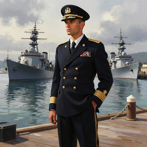 Photorealistic digital art of a handsome male naval officer in black uniform with gold stripes, medals, and hat, standing on dock with two warships