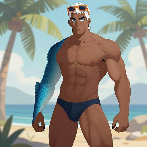 Muscular Male with Fish Arm at Tropical Beach
