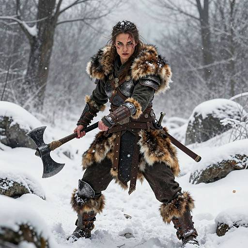 Female Barbarian Warrior in Snowy Forest
