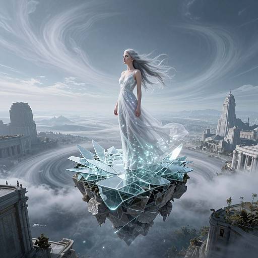 Digital artwork: ethereal woman in flowing white dress stands on floating, crystal-topped rock above cityscape with swirling, celestial clouds.