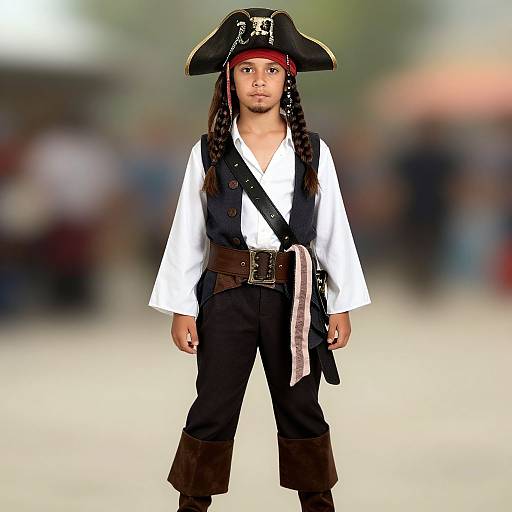 Photograph of a young boy with dark skin, long braided hair, wearing a black pirate hat, white shirt, black vest, and pants,