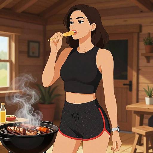 Digital illustration of a fit woman with medium-length black hair, wearing a black sports bra and shorts, eating a hot dog, standing in a wooden cabin