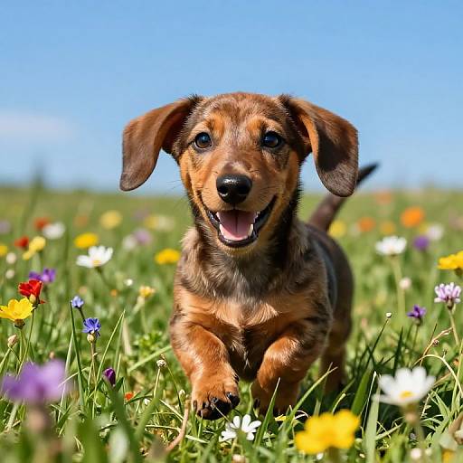 Photograph of a happy, brown and black dachshund puppy with floppy ears, running through a vibrant field of colorful wildflowers under a clear