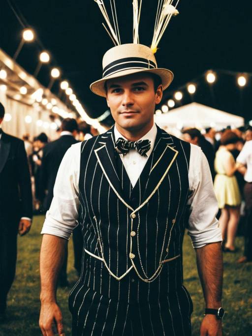 Man in Gatsby Party Costume with Straw Hat