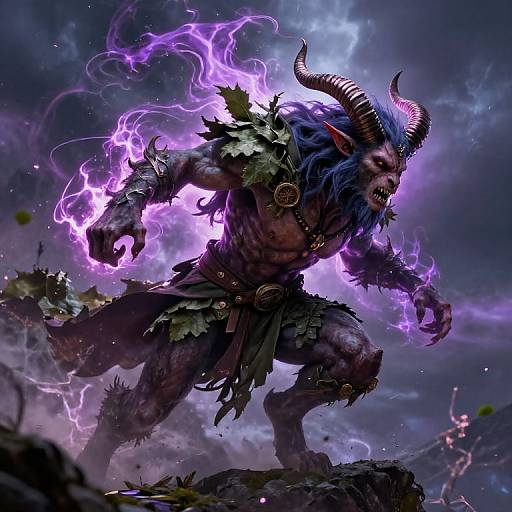 Digital fantasy artwork of a muscular, horned demon with purple lightning, blue mane, leafy armor, and feral expression, standing on rocky terrain