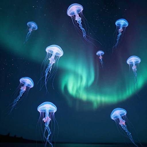 Photograph of glowing blue jellyfish floating against a dark night sky with vivid green Northern Lights in the background.