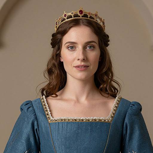 Photograph of a fair-skinned woman with wavy brown hair, wearing a gold crown, blue medieval-style dress with gold trim, and subtle smile