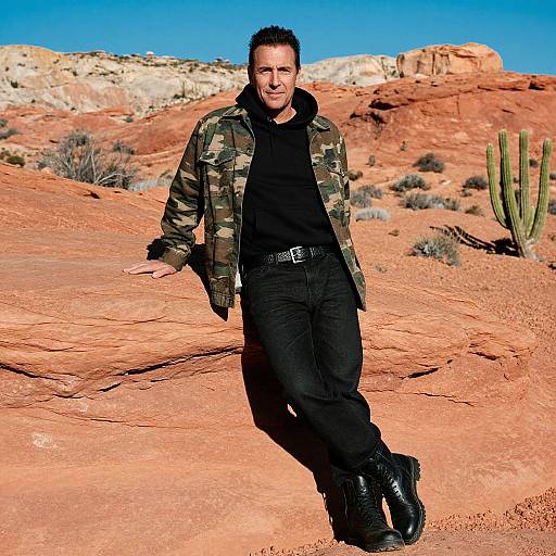 Photograph of a smiling man in a camouflage jacket, black hoodie, and jeans, standing in a red rocky desert landscape with cacti and clear