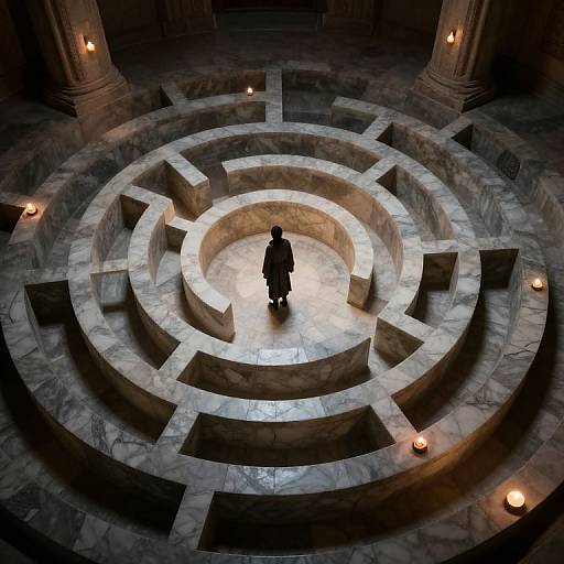 Photograph of a lone figure in shadow, standing at the center of a marble labyrinth with circular rings, illuminated by soft, warm lights.