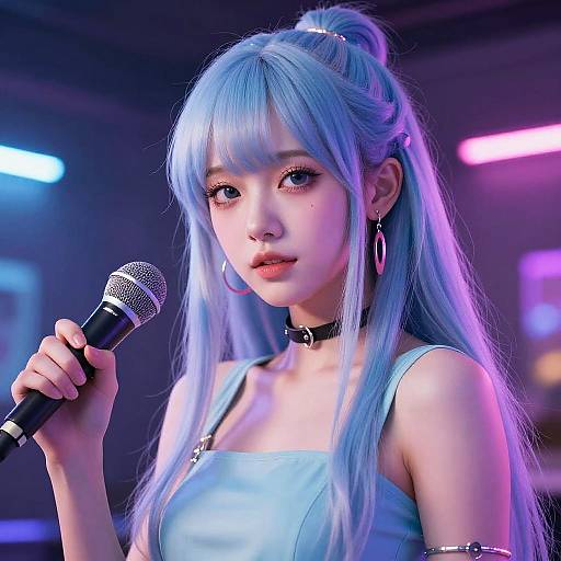 Digital art of a cute, light-blue-haired anime girl with long hair in a ponytail, holding a microphone, wearing a light blue tank top,