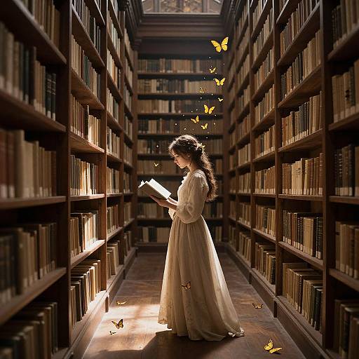 Photograph-like digital art of a woman in a white, long-sleeved dress, reading in a sunlit library aisle, surrounded by floating butterflies