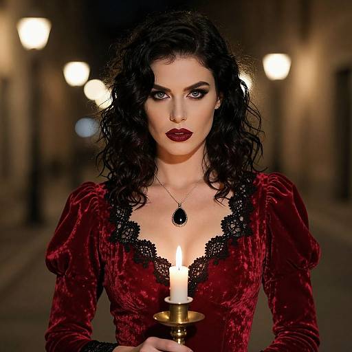 Dark-haired woman with intense gaze, wearing red velvet dress with black lace, holding candle in dimly lit, lamppost-lined street.