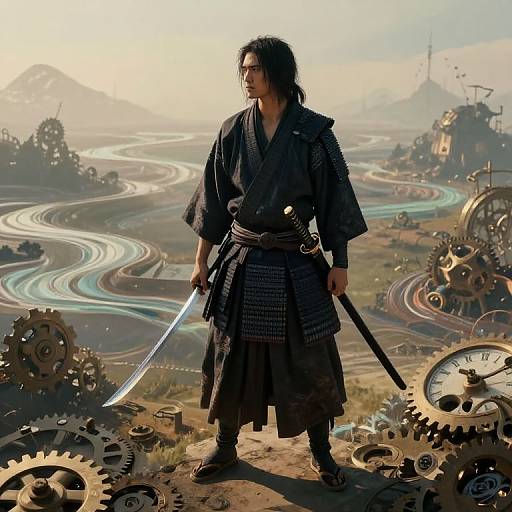 Digital art of a samurai with black kimono, holding sword and katana, standing on gears amidst steampunk landscape with winding rivers and futuristic