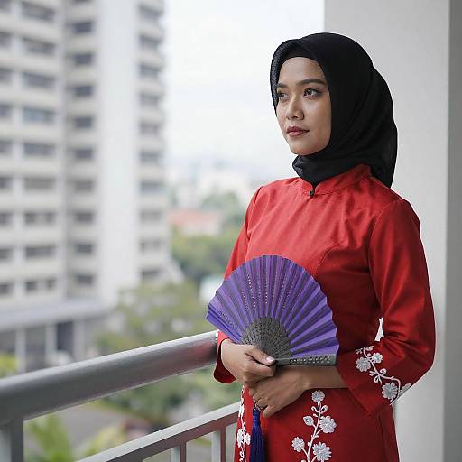 Asian Woman in Red Dress with Fan