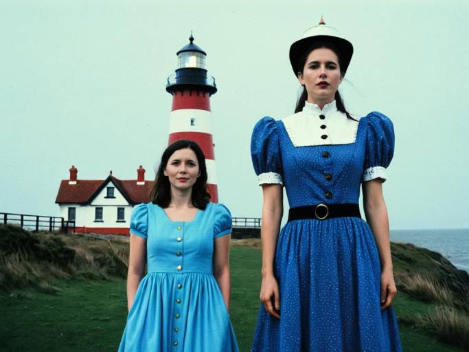 Women in Blue Dresses Near Lighthouse