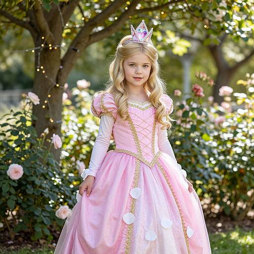 Photograph of a young blonde girl with wavy hair, wearing a pink princess dress, white long sleeves, and a sparkling tiara, standing in