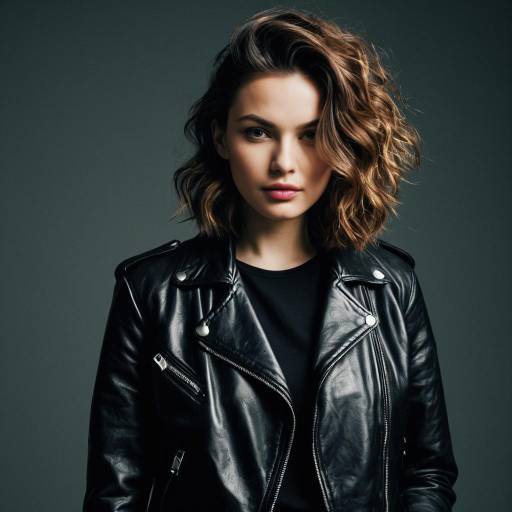 Female Model with Wavy Crop Hairstyle in Leather Jacket
