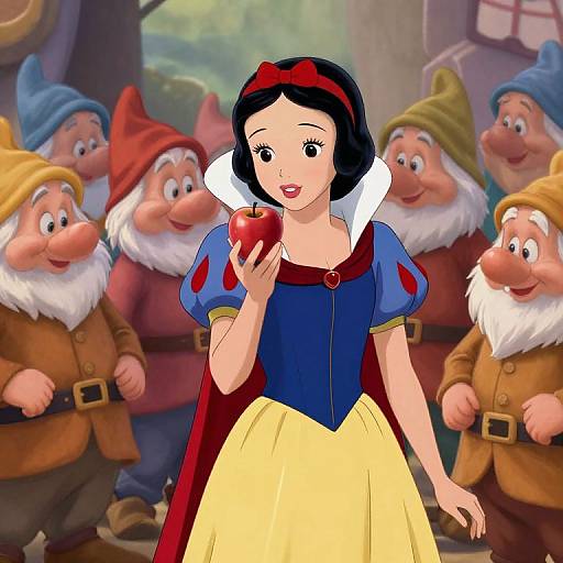 Digital drawing of Snow White holding an apple, surrounded by smiling, cartoon-style Seven Dwarfs in colorful outfits, in a fairy tale forest setting.