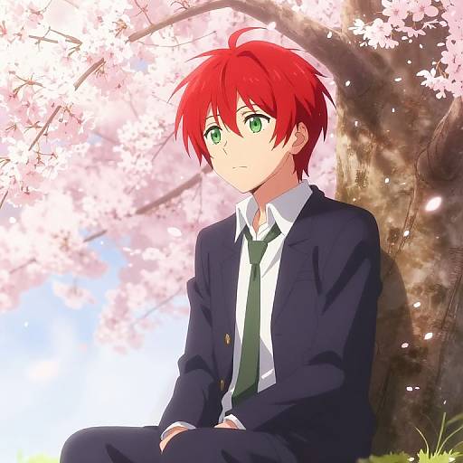 Anime-style digital drawing of a red-haired boy with green eyes, wearing a black suit, white shirt, and green tie, sitting under cherry blossoms