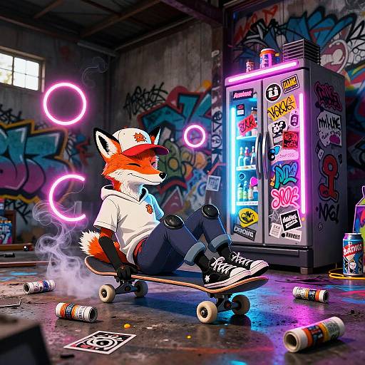 Chill Skateboarding Fox in Neon Warehouse