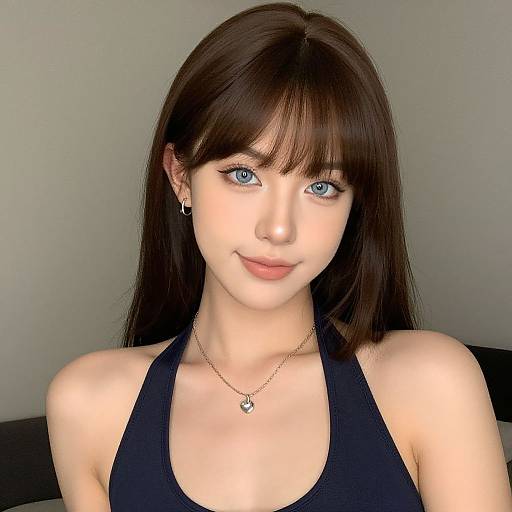 Photograph of a young woman with fair skin, blue eyes, and straight brown hair, wearing a black halter top and silver necklace, smiling softly