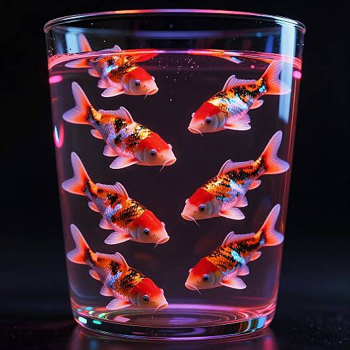 Photograph of nine vibrant, orange and black patterned goldfish swimming in a clear glass bowl filled with water, illuminated by purple and blue lighting against