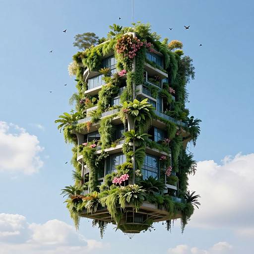 Photograph of a futuristic, vertically-grown skyscraper covered in lush greenery, pink flowers, and palm trees, floating against a clear blue sky