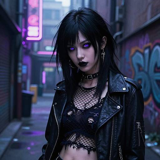 Gothic woman with black hair, purple eyes, black lipstick, fishnet top, leather jacket, choker, standing in neon-lit urban