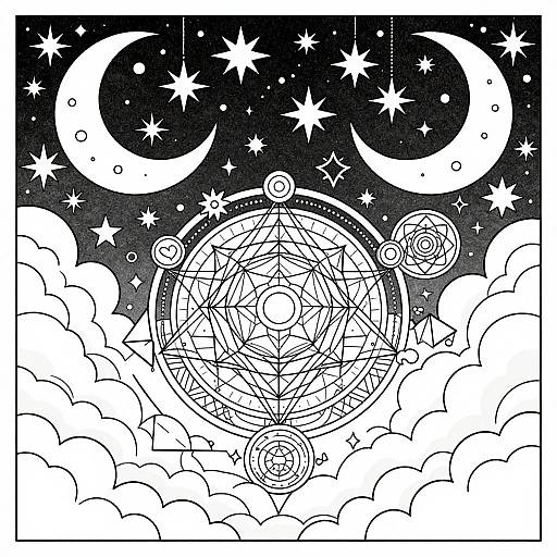 Black-and-white digital drawing of a celestial magic circle with stars, crescent moons, and planets amidst clouds, featuring intricate geometric patterns.
