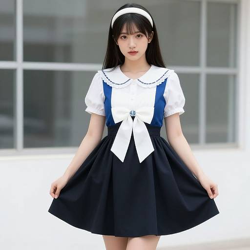 Woman in Blue and White Dress