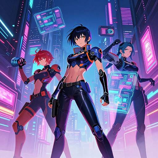 Digital anime artwork of three cyberpunk women in neon-lit, futuristic city, wearing black and red cybernetic armor, standing confidently.