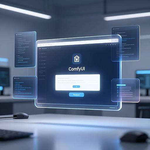 Digital CGI image of a futuristic computer interface with glowing blue screens, transparent overlays, and the 