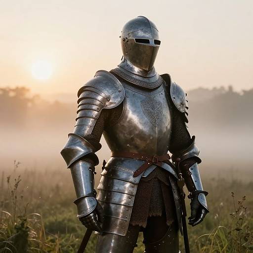 Photograph of a shiny, medieval-style knight in full silver armor with a blank faceplate, standing in a misty field at sunrise.