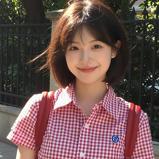 Smiling Woman in Checkered Shirt