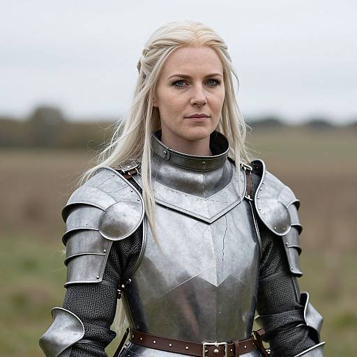 Photograph of a blonde, fair-skinned woman in medieval silver armor with black mesh lining, standing outdoors in a grassy field.