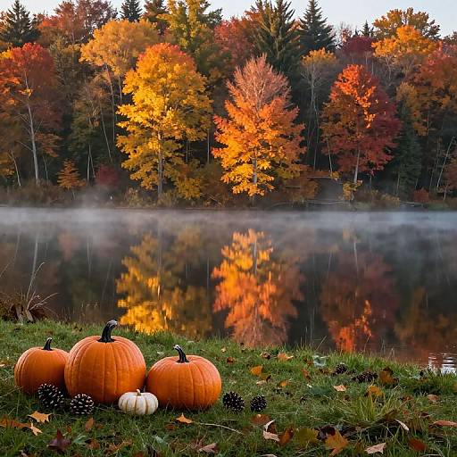 Autumn Lake with Pumpkins and Pinecones